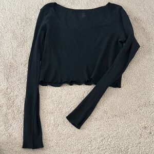 Brandy Melville Black Ribbed Scoop Neck Long Sleeve Crop Top